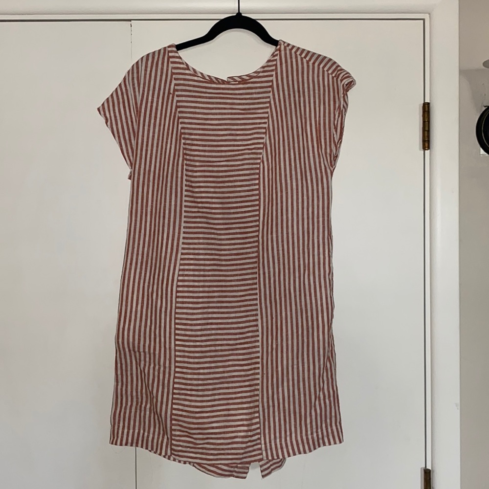 Orange and White striped linen dress with buttons up the back